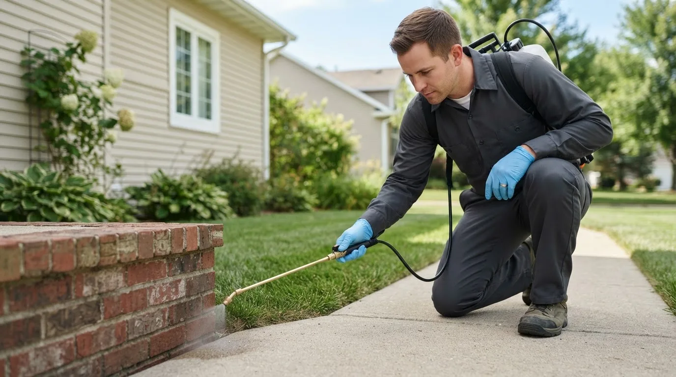 Pest control technician treating a home near Delafield, WI